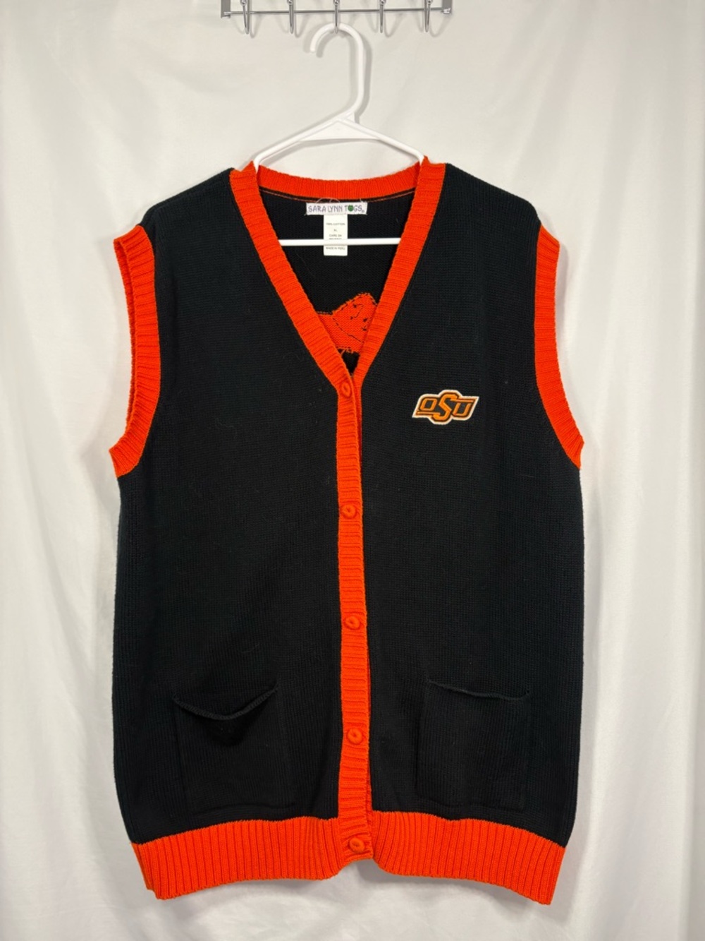 Sara Lynn Togs OSU Black & Orange Button-Front Knit Vest Pistol Pete Size XL
